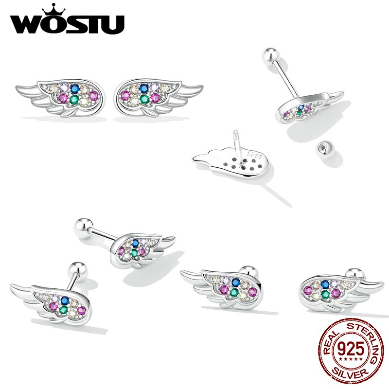 Wostu genuine 925 sterling silver angel wing stud earrings for women hollow rainbow zircon ear studs  s925 fine jewelry fie 1397