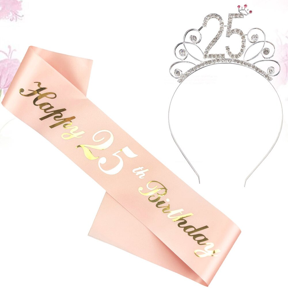 2 stuks verjaardagssjerp kroonset decoratie roségoud stempelen letterdruk etiquette riem feestbenodigdheden verkleedgunsten  (17 jaar: Roze gloden 25