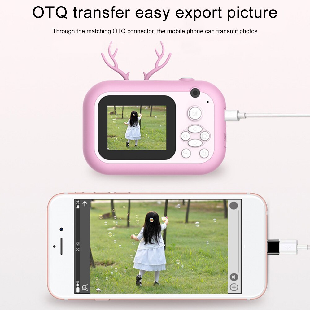 16G Cute Antler USB Rechargeable Selfie Photography 2.4inch Screen Birthday For Kids Instant Print Camera Mini Portable