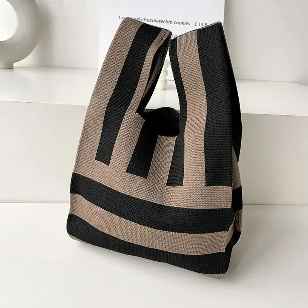 Katten Gebreide Handtas Mode Gebreide Handgemaakte Boodschappentassen Met Hoge Capaciteit Knoop Pols Tas Meisjes: Coffee