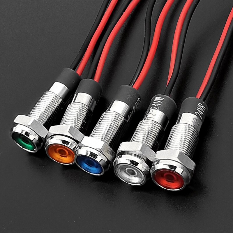 10pcs 6mm Flat head LED Metal Indicator light waterproof Signal lamp 3V 5V 6V 12V 24V 220v with wire red yellow blue green white