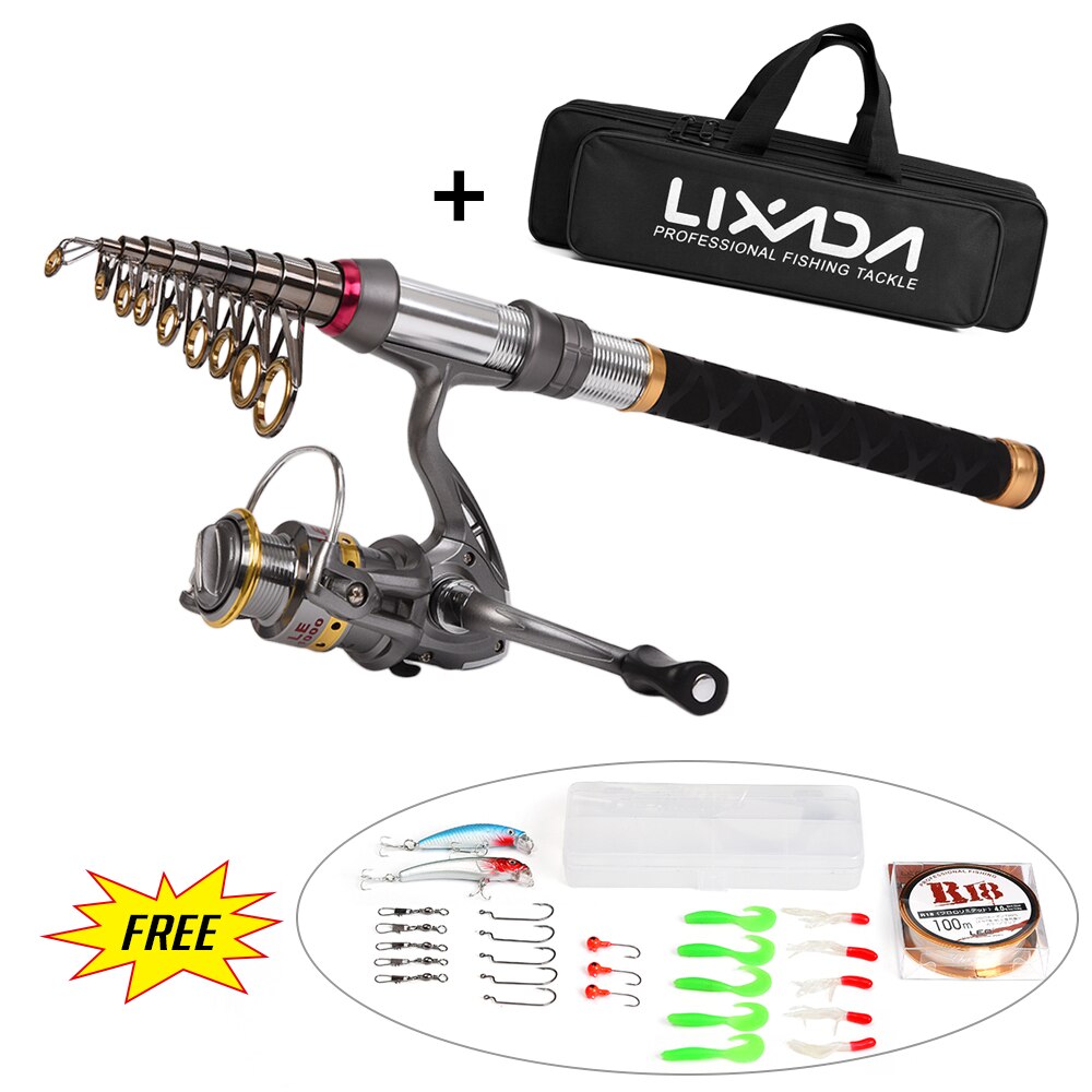 Lixada pescar telescópica Combo carrete caña Kit completo carrete giratorio con 100M línea señuelos ganchos de la cabeza de la plantilla de la bolsa para la Pesca: Full kit  2.4M