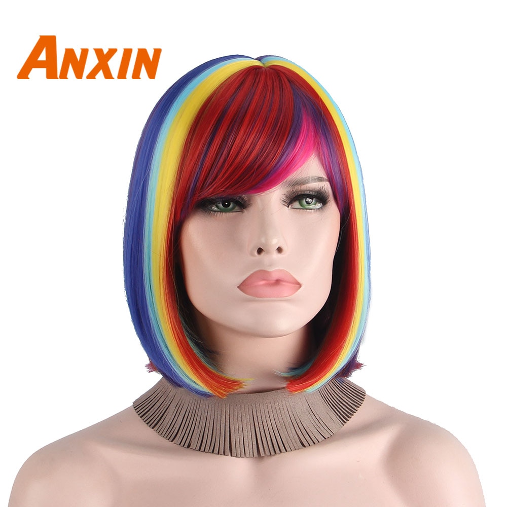 Halloween Kostuums Cosplay Pruiken Voor Zwarte Vrouwen Wit Dames Kleur Regenboog Bob Synthetische Haren Met Pony Straight Natural Party: Default Title