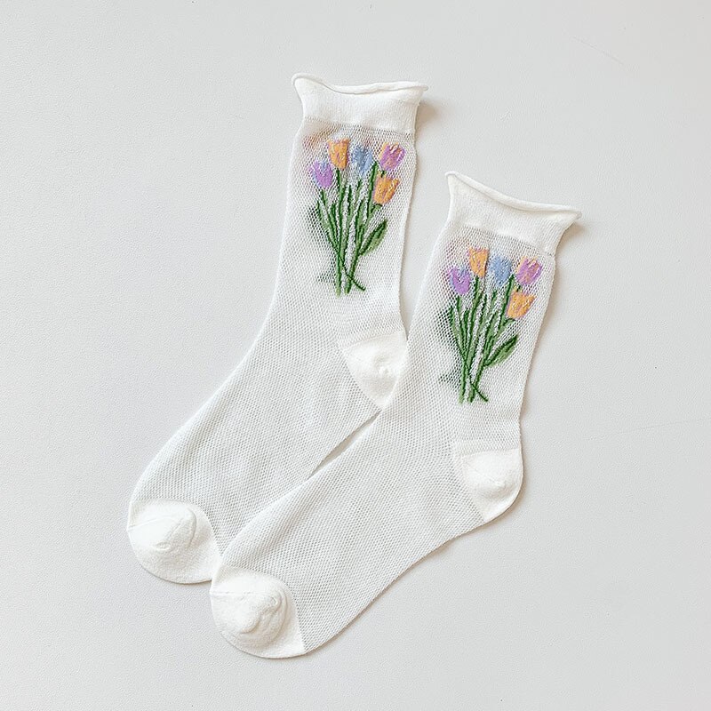 Produkt sommer gennemsigtige ultratynde korte sokker behagelige åndbare absorbere sved slik farve slik farve blomster kvinder: Hvid