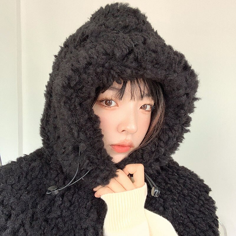 Gorro con capucha de pelo de cordero Artificial para hombre y mujer, gorro grueso con cordón para la cabeza, ajustable, de Color sólido, para invierno: Negro