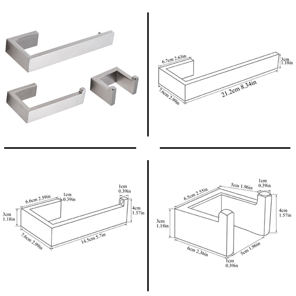 Set de accesorios para el baño de POIQIHY 304 SUS, ganchos cuadrados para batas, colgador de barra de toalla, soporte de papel higiénico de níquel cepillado con montaje en pared