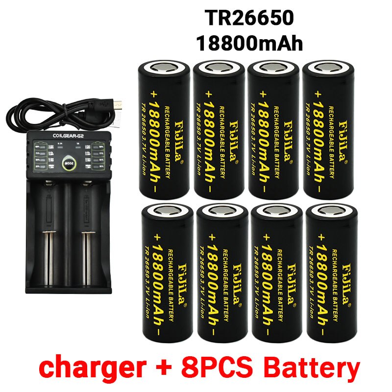 26650 3,7 V 18800mAh Batterie Hohe Kapazität 26650 50A Energie Batterie Lithium-Ionen Akku für Spielzeug Taschenlampe + ladegerät: Grün