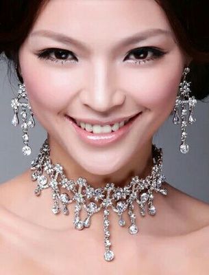 Luxo cor de prata flores de cristal conjunto de jóias de noiva para mulheres colar de declaração brinco strass tiara acessórios de casamento
