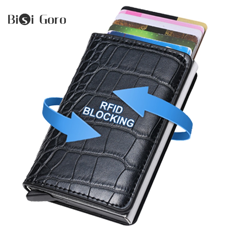 BISI GORO-tarjetero de cuero para hombre y mujer, monedero de seguridad, protección de Banco emergente, Mini billetera inteligente colorida sólida