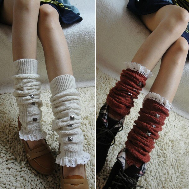 Cotton Leg Warmers Lace Closure White Sweet Lolita Girls Boots Socks Rivet Elements