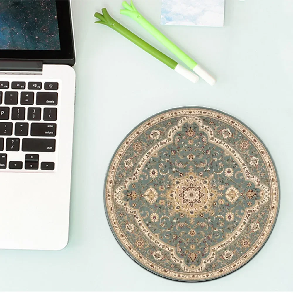 Round Mini Persian Carpet Pattern Mouse Pad Table Rug Anti-slip Mat Desktop 22x22cm Game Computer Mat Gaming Keyboard Gamer Rugs: Dark Brown