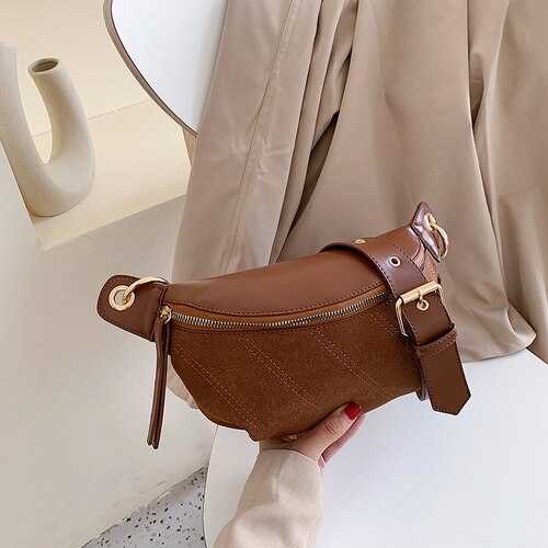 Chain Fanny Pack Banana Waist Bag Brand Belt Bag Women Waist Pack PU Leather Chest Bag Belly Bag Woman Bag: Brown
