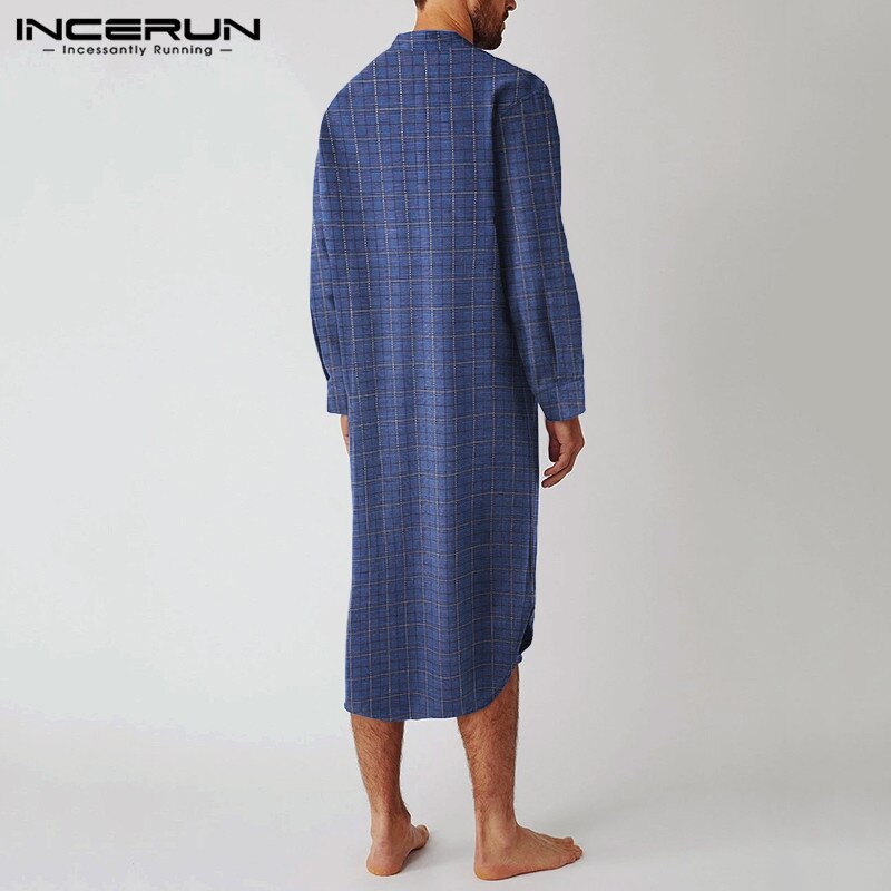 Long Sleeve Stand Collar Nightgown INCERUN Men Plaid Sleep Robes Casual Button Comfy Bathrobes Man Cotton Pockets Homewear S-5XL