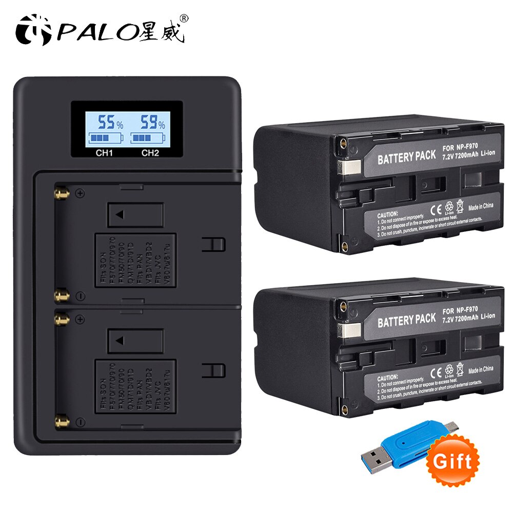 PALO NP-F970 NP-F960 Camera Battery - 7200mAh 7.2V Standard Battery - Dual USB Charger Included: 2 pcs and charger