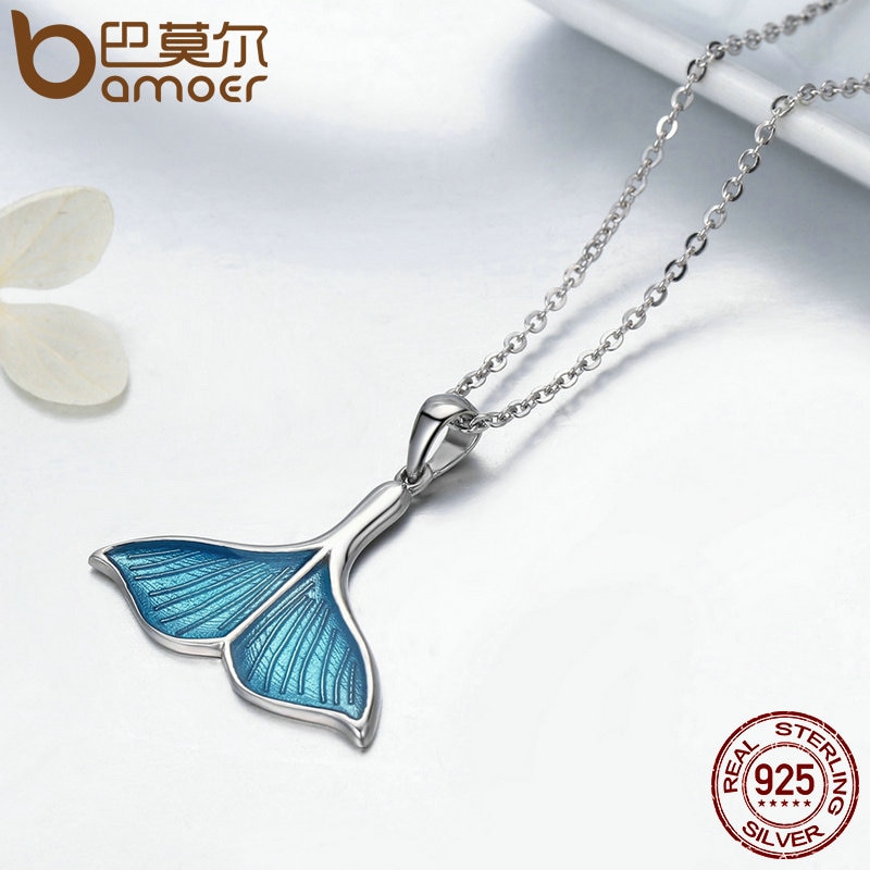 BAMOER 925 Sterling Silber Ozean Meer Blau Emaille Fisch Wal Schwanz Meerjungfrau Anhänger Halsketten Frauen Silber Schmuck Brincos SCN096