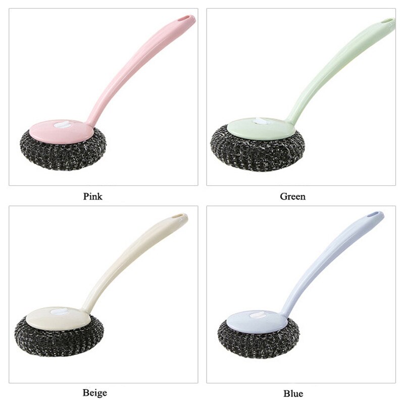 Stainless Steel Wire Ball Brushes Long Handle Wash Pot Bowl Tableware Brush Household Kitchen Brush Scrubber Cleaning Ball Tool