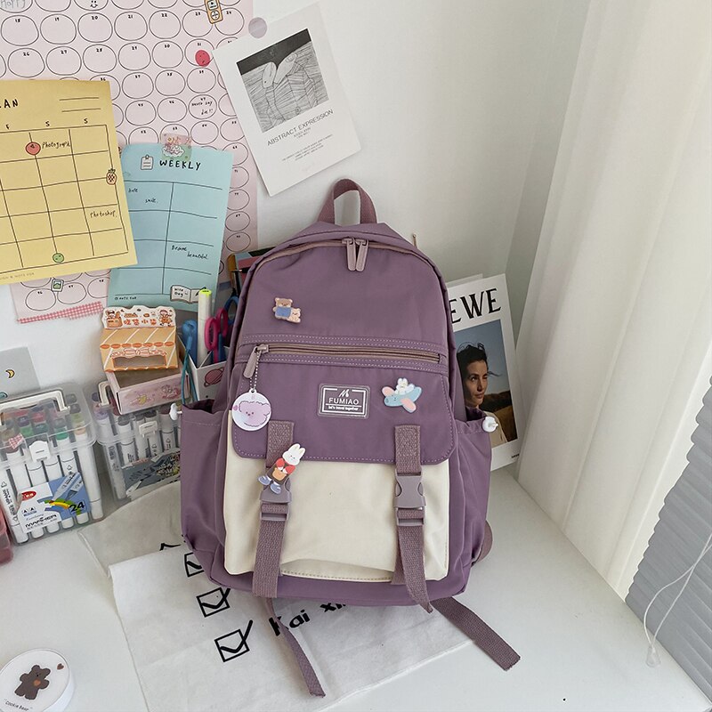 DCIMOR Preppy Style Buckle Student Backpack Contrast Color Zipper Waterproof Nylon Women Backpack Female Lovely Travel Bagpack: purple / only backpack