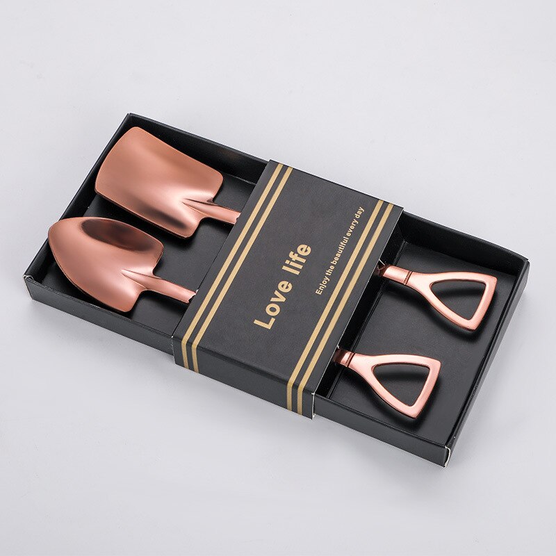 2pcs Coffee Spoon Cutlery Set Stainless Steel Retro Iron Shovel Ice Cream Fruit Spoon Scoop Spoon Tea-spoon Tableware: Rose gold Black box