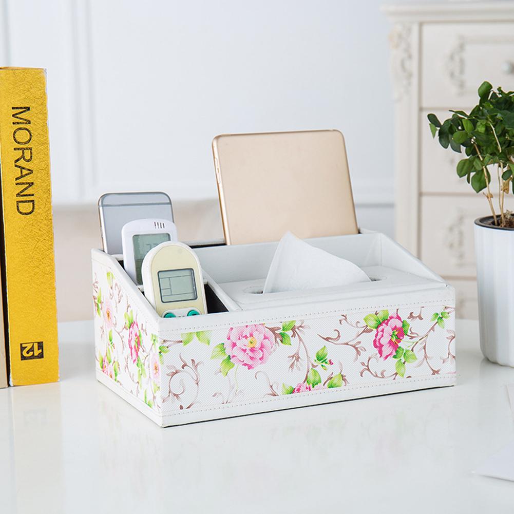 Partitioned Faux Leather Tissue Box Home Desk Table Remote Control Phone Tissue Paper Napkin Storage Box Holder Organizer