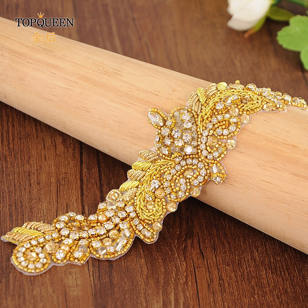 Topqueen  s375- g gull rhinestone midjebelte kvinner beaded bryllup belter india blonder brude sash belte gull belte for formell kjole