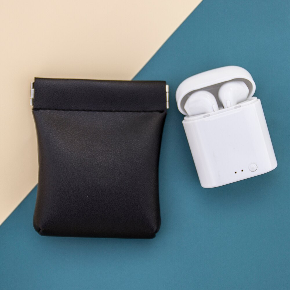 Earbuds USB Pouch Solid Pu Leather Coin Purse Small Wallet Earphone Organized Bag Card Holder for Women Men: Black