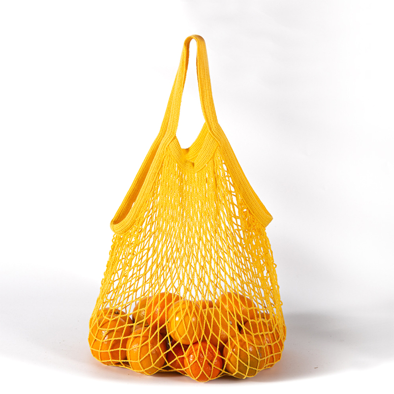 Neue Wiederverwendbare Taschen für Obst Gemüse Tasche Baumwolle Gittergewebe Schnur Organizer Handtasche Kurze/Lange Griff Netz Einkaufen Taschen tote: Gelb-kurz