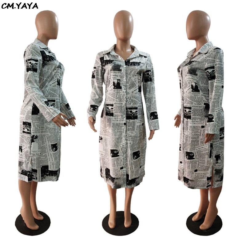 Vrouwen Zomer Brief Krant Print Button Up Lange Mouwen Mid Calf Lengte Dres Blouse Shirt Mode Jurken 2 Kleur LKE8017