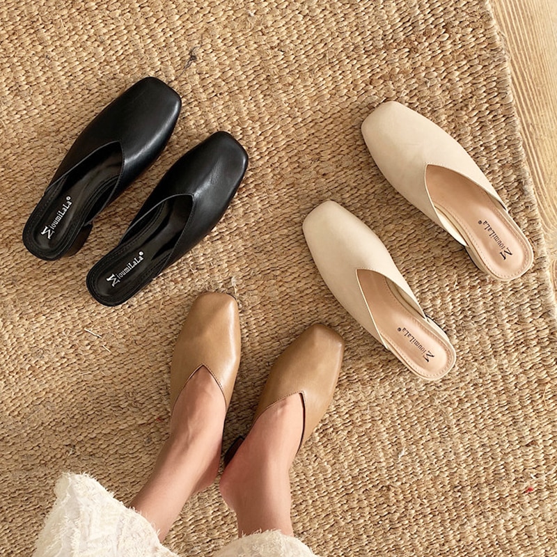 retro Oma Maultiere Schuhe Damen lässig Leder Hausschuhe Hause Ich bin Freien Rutschen Med-hoch Fersen kippen-Flops Femme Karree pantufla