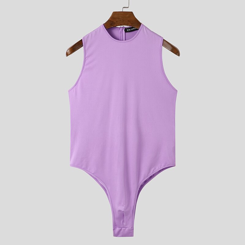 INCERUN Men Bodysuits Underwear Round Neck Sleeveless Solid Color Fitness Cozy Pajamas Rompers Sexy 2022 Mens Bodysuit S-5XL: Purple / S