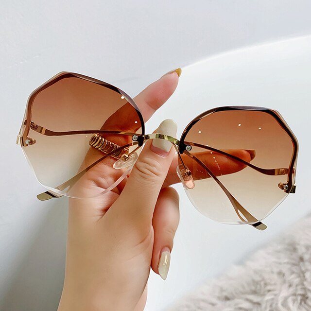 Gradient Eyeglasses Women Frameless Cut Trimmed Lens Metal Curved Women'S Sunglasses Decorative Glasses Eyewear: Brown