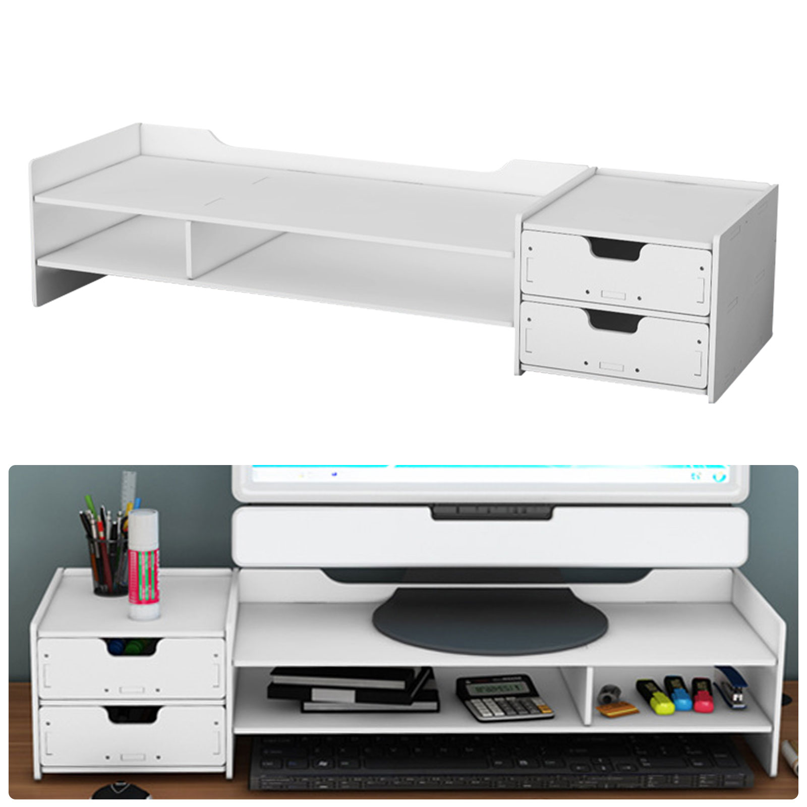 Besegad Pc Computer Monitor Stand Riser Laptop Houder Houten Bureau Organisator Plank Met Dubbele Lade Voor Home Office Desktop
