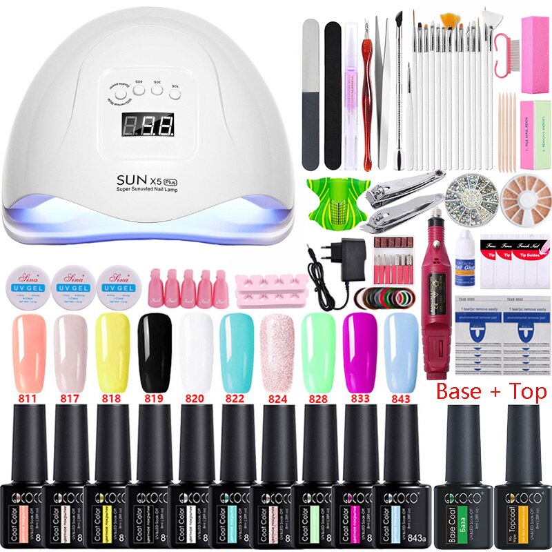 Manicure set nail kit 40/30/20/10 nail gel polish nail set electric nail drill machine pro uv led nail lamp dryer nail salon kit: 10 gel -54w x5 plus