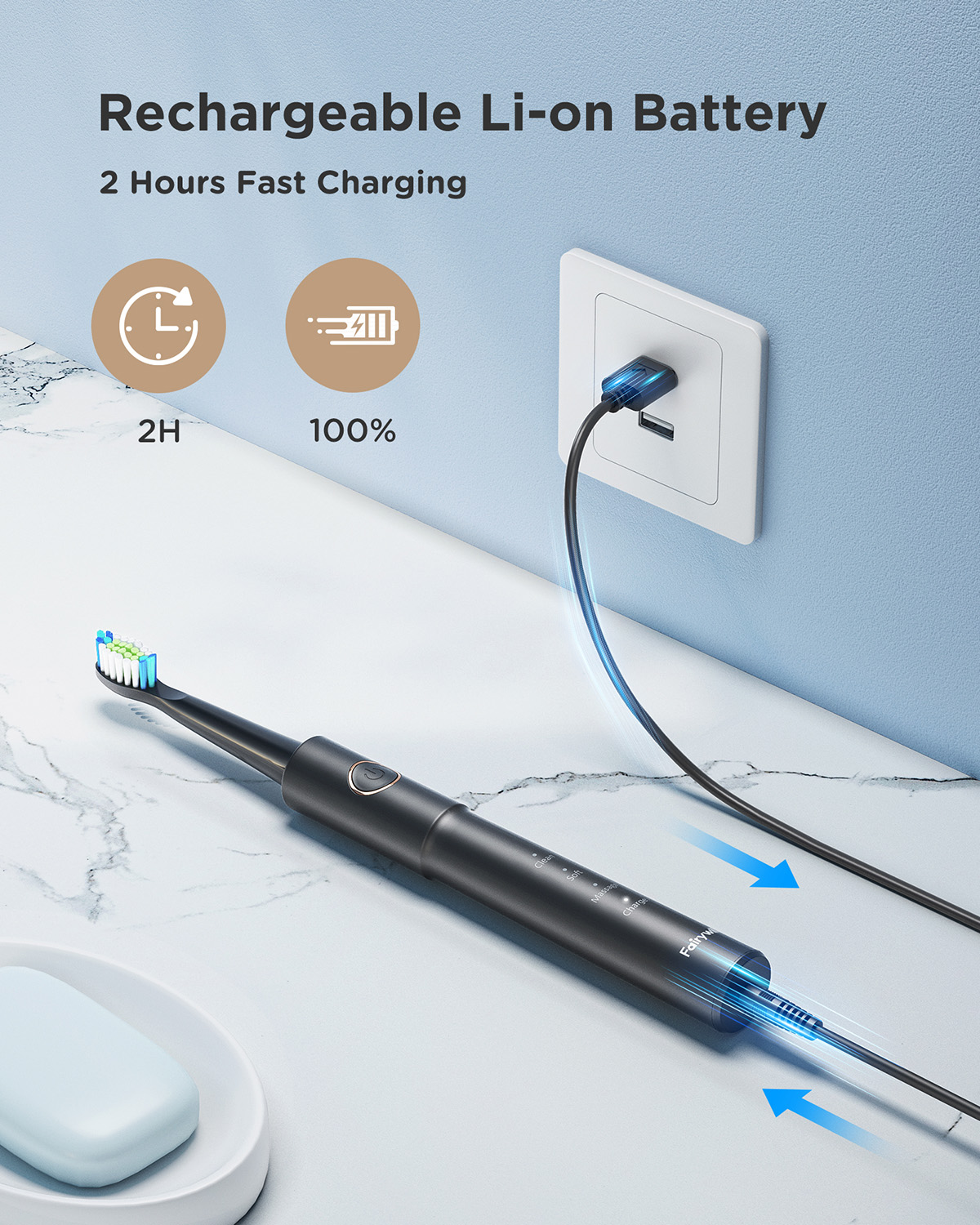Fairywill-cepillo de dientes eléctrico sónico E11, resistente al agua, carga USB, recargable, 8 cabezales de repuesto para adultos