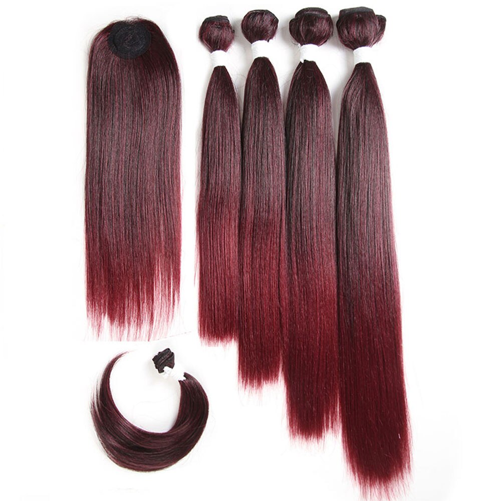 Yaki Straight Hair Bundles With Closure For Women X-TRESS Natural Black Synthetic Hair Weave Extensions 4 Bundles/Pack 12-18inch