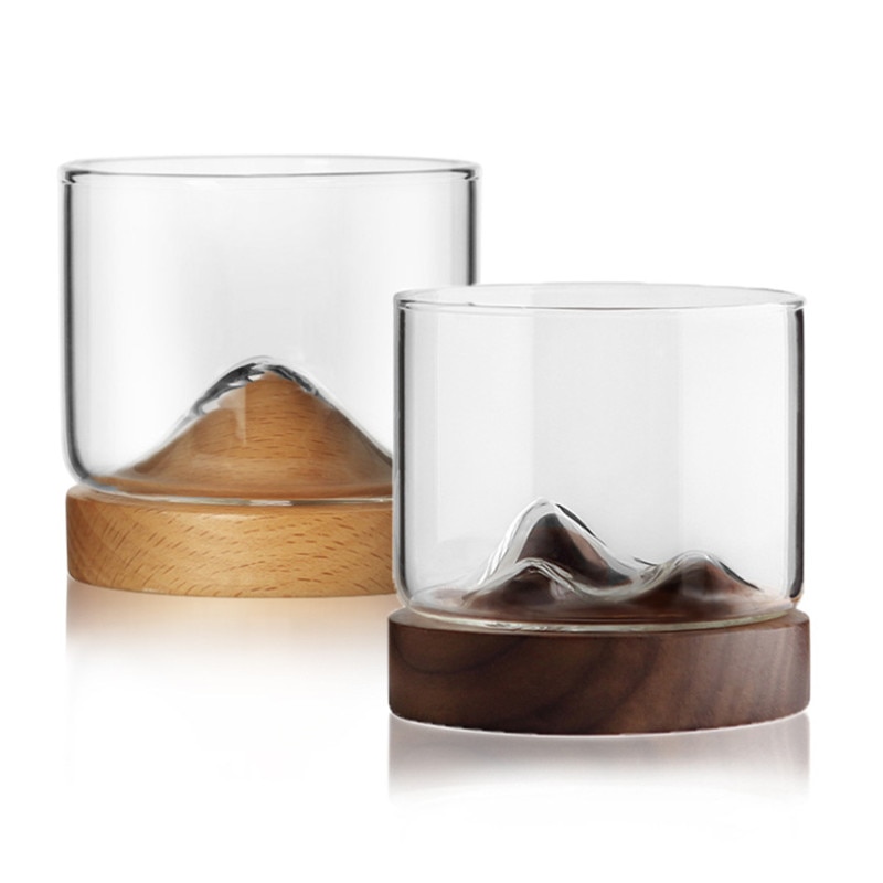 Transparent Whiskey Glass with Wooden Base Heat Resistant Beer Glass Wine Water Tea Cup Set Bar Crystal Home Drinkware