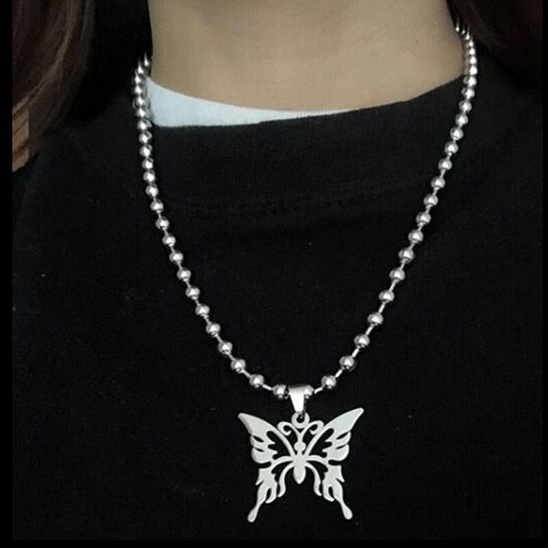 Punk Rock Zoete Vlinder Rvs Hanger Ketting Streetwear Ball Chain Polijsten Chain Mode Ketting Unisex Sieraden