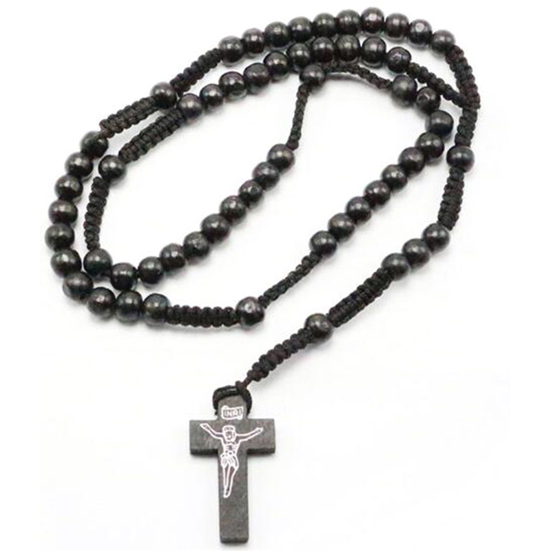 Cross vintage style herretøj kvinders katolske christ wood rosary perler cross vedhæng halskæde 4 farver til: Sort