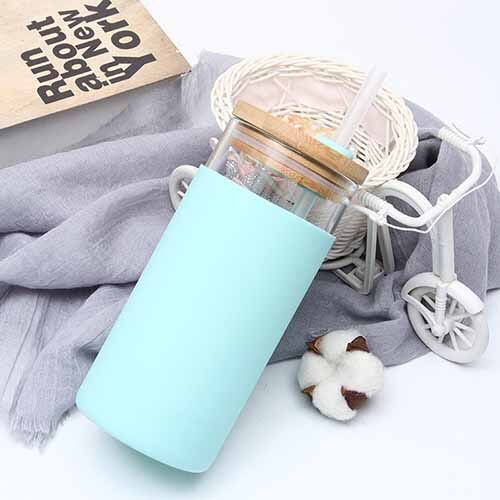 550ml bambu lock glas vatten te tumblers glasflaska med silikon hylsa te kaffe dricksflaska med sugrör: Himmelsblå