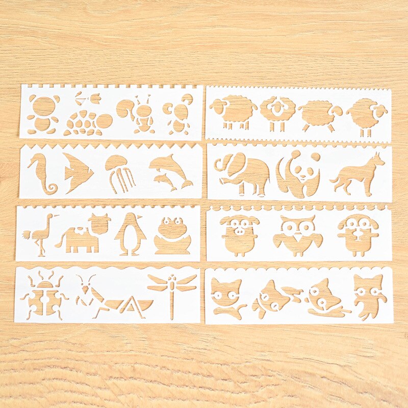 Pochoirs en dentelle à colorier de dessin animé, modèle de dessin animé, de nouvel an pour enfants, feuilles d'animaux et véhicules, alphabet, flocons de neige, 8 pièces/ensemble: Animals