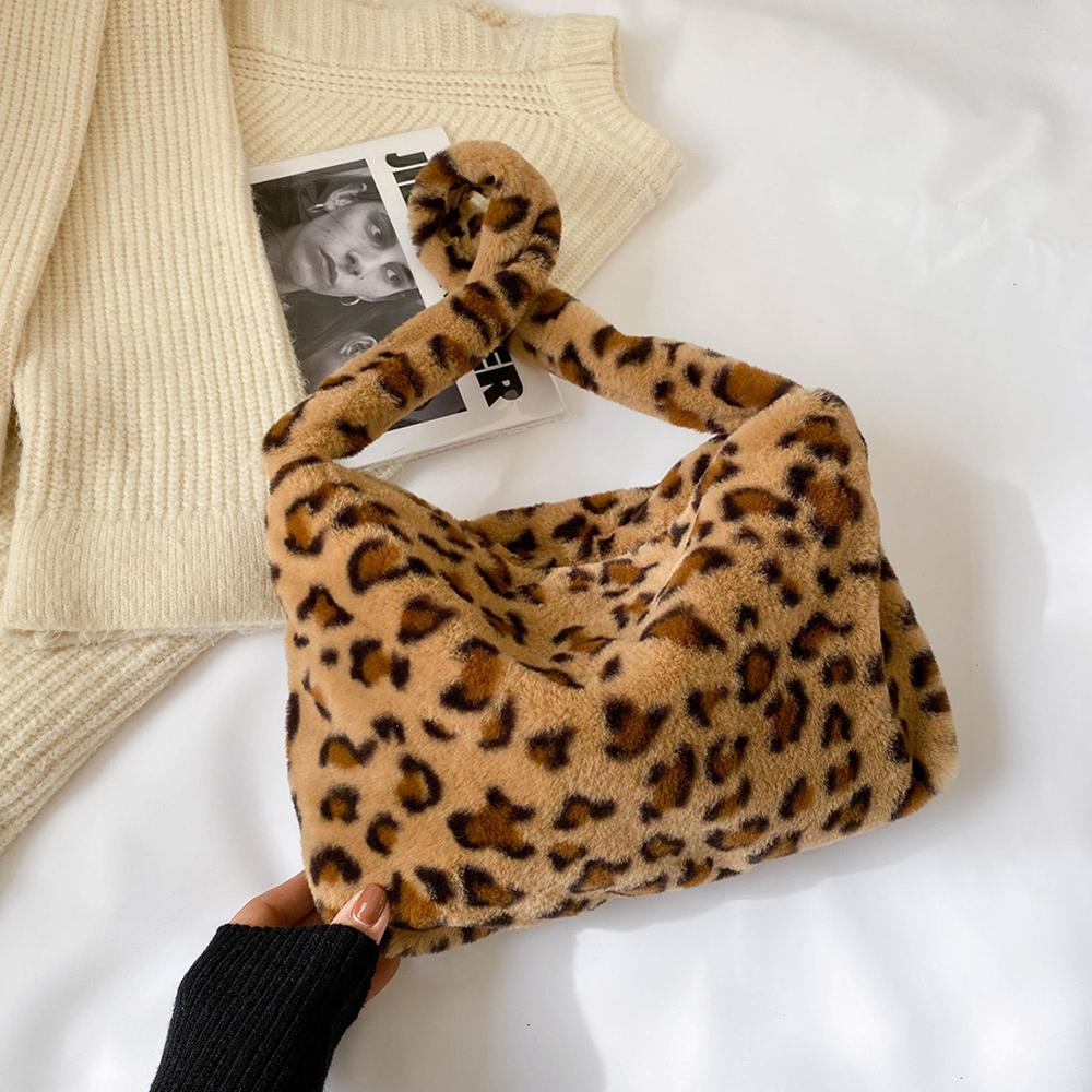 Zoete Bloem Faux Fur Vrouwen Handtas Mode Zachte Pluche Schoudertassen Voor Vrouwen Leuke Bloem Afdrukken Portemonnee Onderarm tas: Licht Bruin