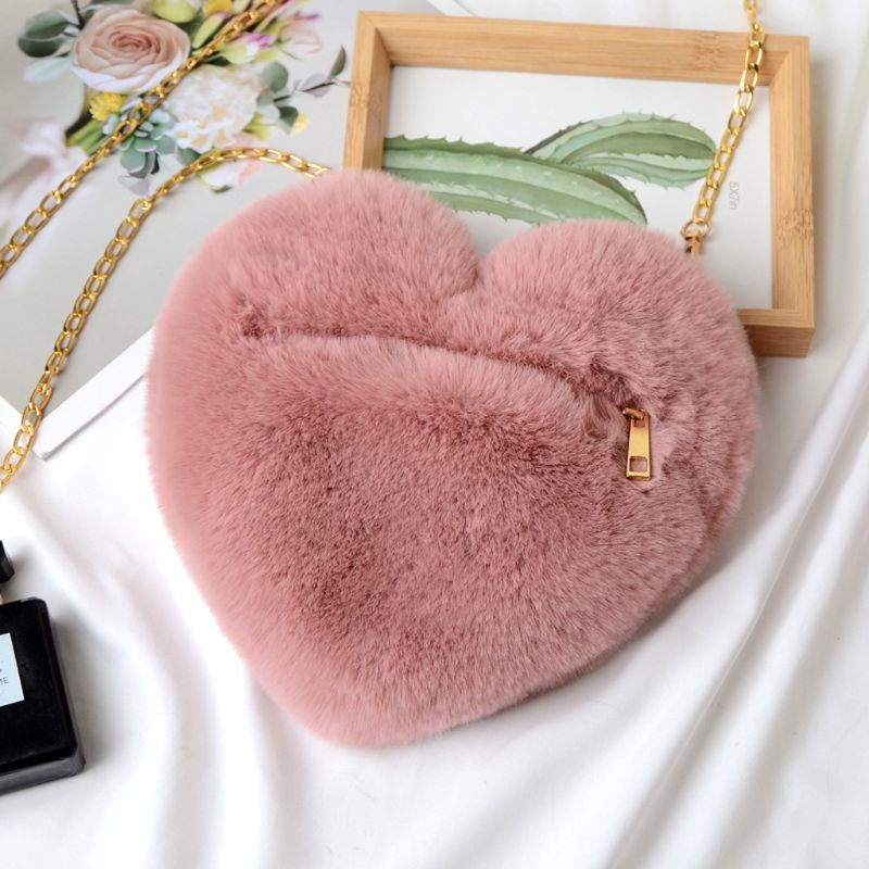 Super Cute Heart Hairy Mini Shoulder Bags Furry Plush Messenger Bags Small Purse Cross Body Handbag for Women Girls