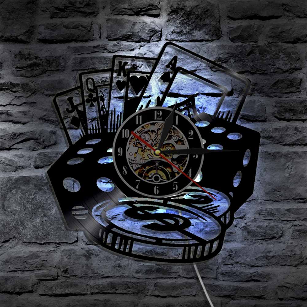 Poker Dice LED Wall Clock Poker Chip Set Vinyl Record Wall Clock Poker Room Wall Decor Poker Player Gambler reloj de pared