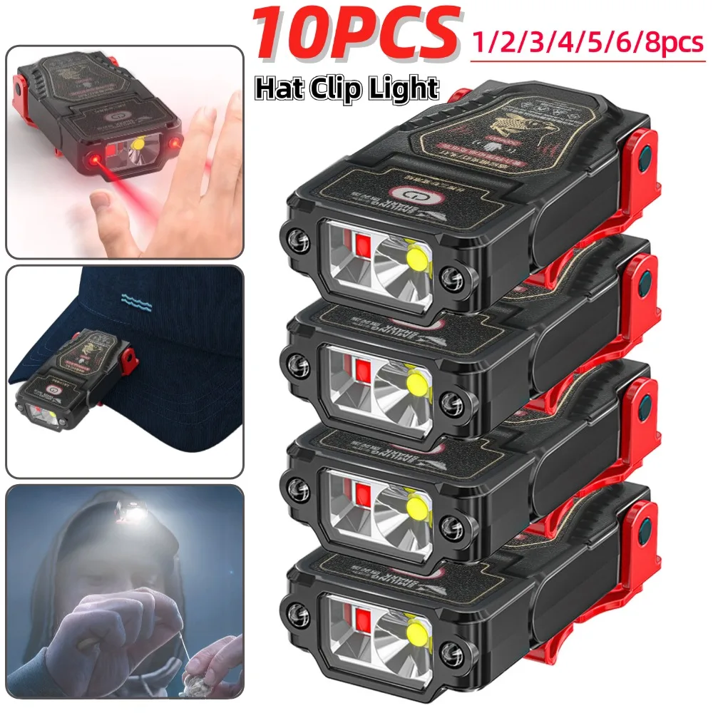 1-10 stk. mini-sensor-led-pandelampe med hat og kasketklemme, genopladelig pandelampe, vandtæt lommelygte til camping og fiskeri