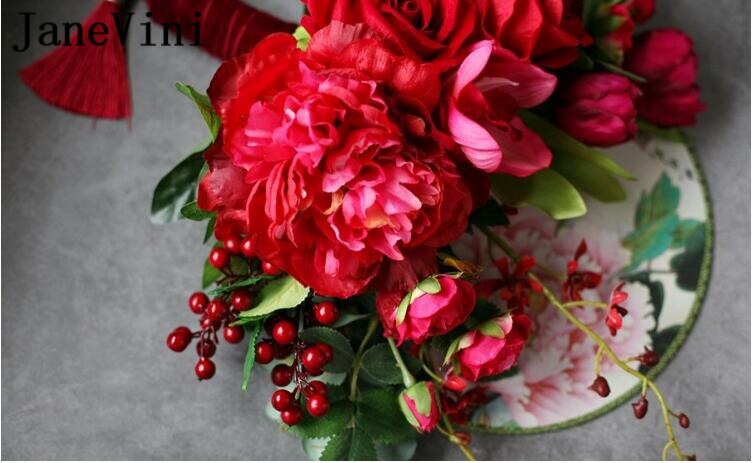 JaneVini Chinese Style Bridal Fan Handmade Red Rose Bride Wedding Bouquet Artificial Catwalk Holding Flowers Round Palace Fans