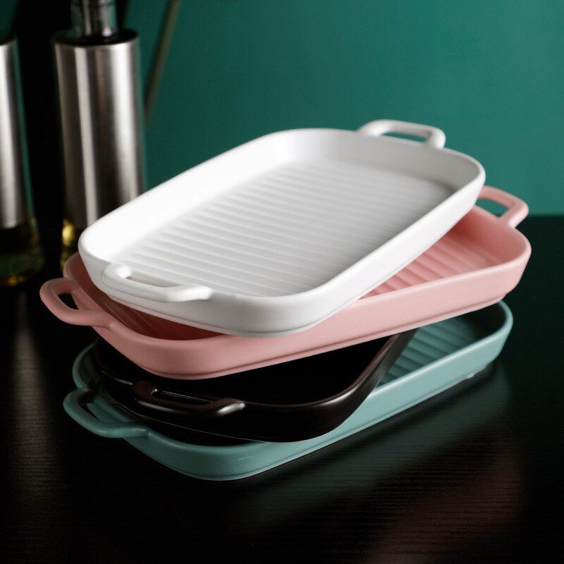 Nordic Ceramic Plate Rectangular Ceramic Plate with Handle Matte Satin Chassis Oven Baking Pan Western Roasted Wing Pan