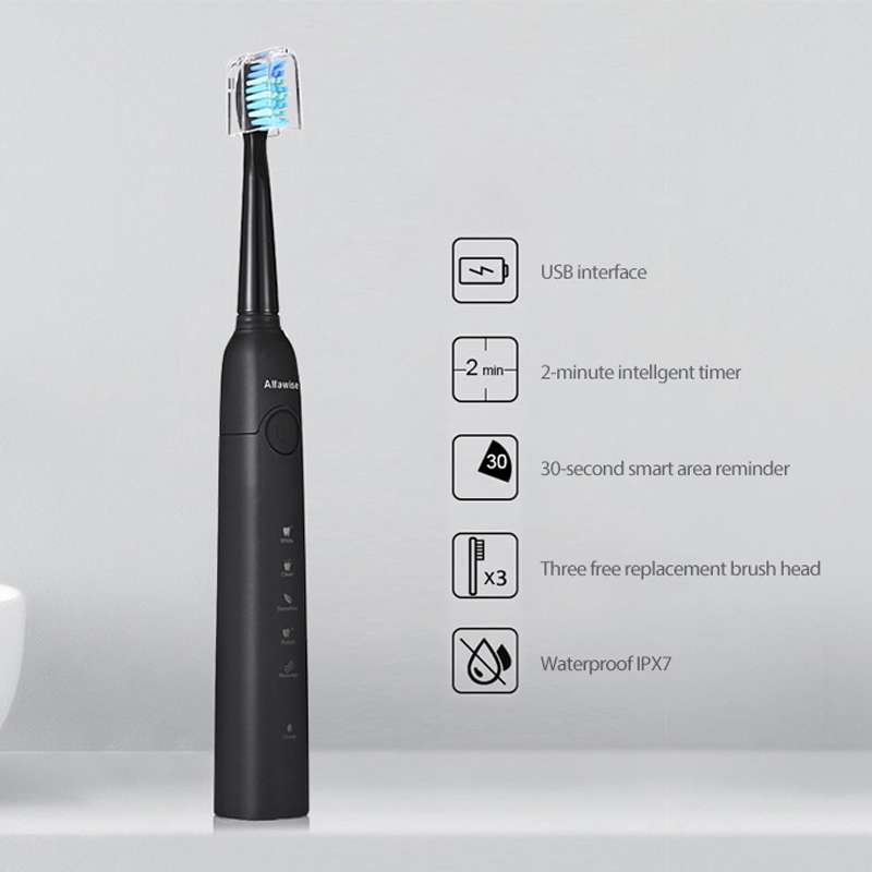 Alfawise SG-949 Sonic USB Charging Electric Toothbrush With Smart Timer Five Brushing Modes Waterproof With 3 Tooth Brush Heads