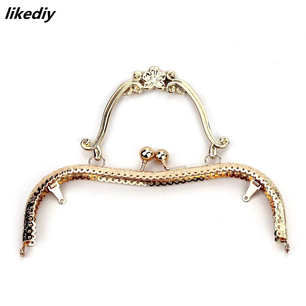 3 stk/parti 20.5 cm bronze sølv gylden blomme blomst blomstermønster vintage metal pung ramme kys lås håndtag taske tilbehør: Guld