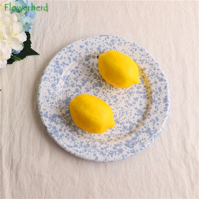 Enamel Plate Splatter Baby Blue Dot Breakfast Plate Dim Sum Flat Salad Plates Picnic Plate
