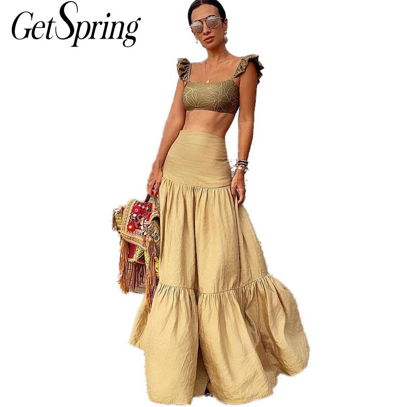 GetSpring femmes jupe volants Maxi jupe solide tempérament taille haute jupe tout Match jupe longue kaki nouveauté