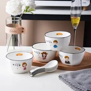 Huishouden Kom Set Keramische Servies Combinatie Leuke Cartoon Japanse Kom Creatieve Eten Rijstkom Soepkom Met Lepel: Rood